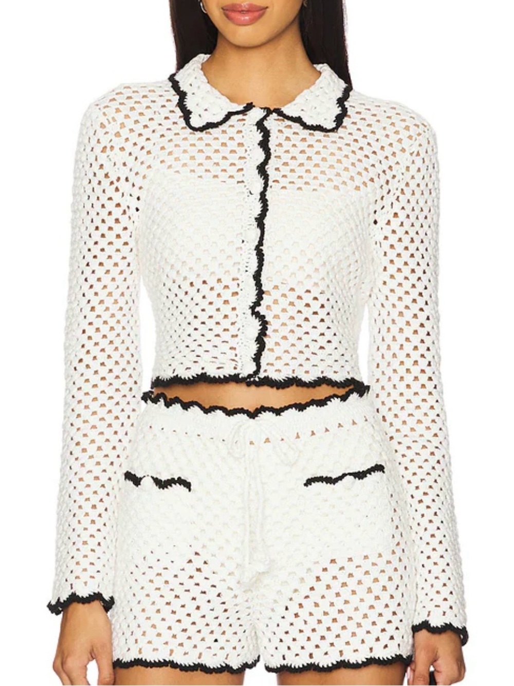 White Crochet with Black Trim cardigan stone cold Fox